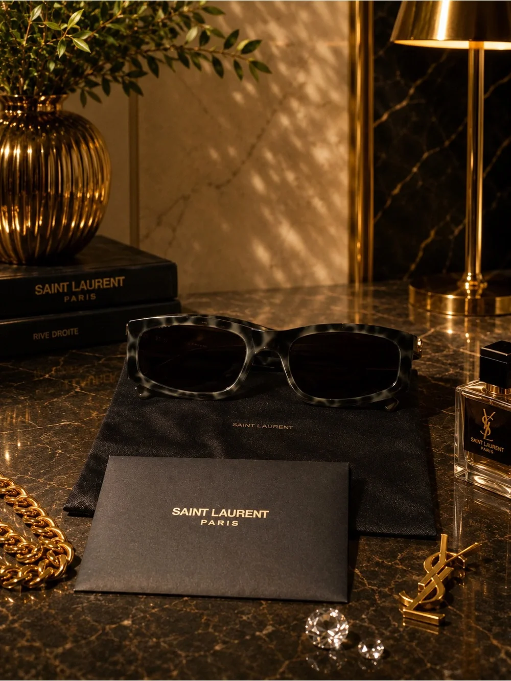 Saint Laurent Tortoiseshell Rectangular Sunglasses in Brown/Black